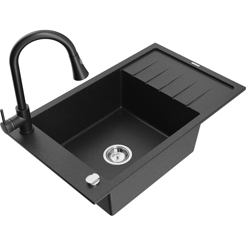 Mexen Elias Granitový kuchynský drez s 1 komorou, odkvapkávačom a kuchynskou batériou Elia, čierny/strieborný metalický