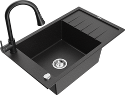 Mexen Elias Granitový kuchynský drez s 1 komorou, odkvapkávačom a kuchynskou batériou Elia, čierny/strieborný metalický