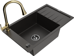 Mexen Elias jednokomorový granitový drez s odkvapkávačom a kuchynskou batériou Elia, čierny/zlatý metalík - 6511-75-670101-50-B
