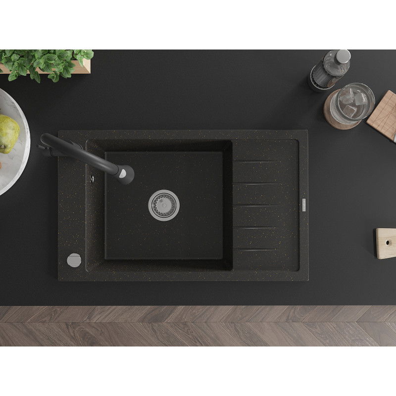Mexen Elias granitový kuchynský drez 1-komorový s odkvapom a kuchynskou batériou Elia, čierny/zlatý metalik - 6511-75-670101-70
