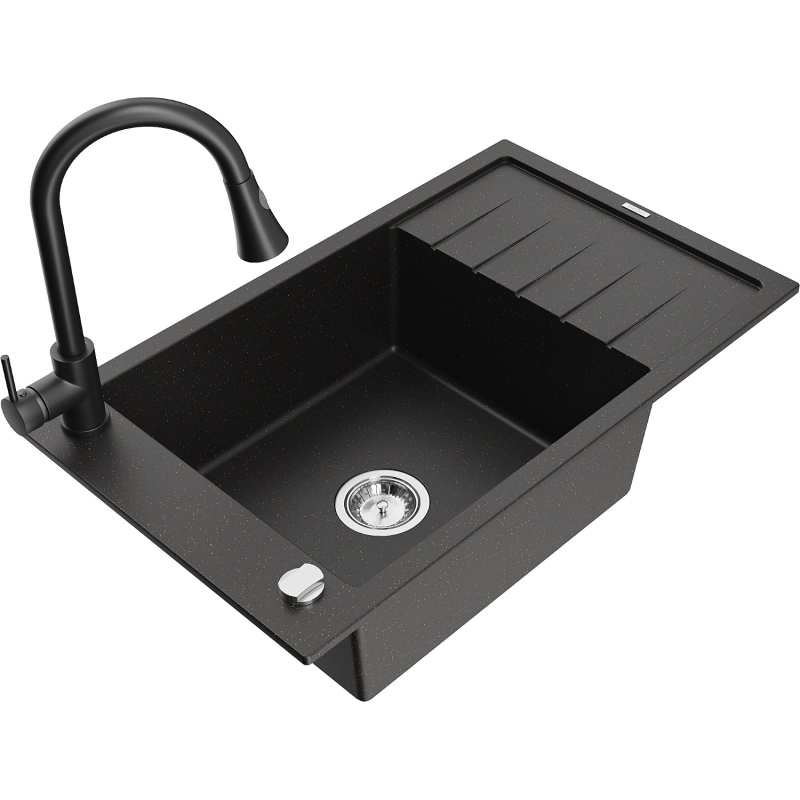 Mexen Elias granitový kuchynský drez 1-komorový s odkvapom a kuchynskou batériou Elia, čierny/zlatý metalik - 6511-75-670101-70