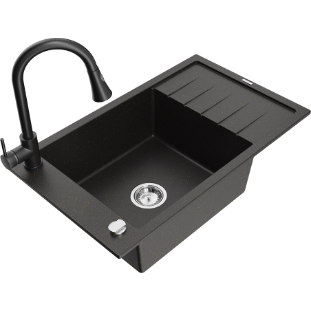 Mexen Elias granitový kuchynský drez 1-komorový s odkvapom a kuchynskou batériou Elia, čierny/zlatý metalik - 6511-75-670101-70