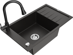 Mexen Elias granitový kuchynský drez 1-komorový s odkvapom a kuchynskou batériou Elia, čierny/zlatý metalik - 6511-75-670101-70