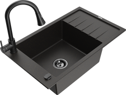 Mexen Elias granitový drez s 1 komorou s odkvapkávačom a kuchynskou batériou Elia, čierny/zlatý metalik - 6511-75-670101-70-B