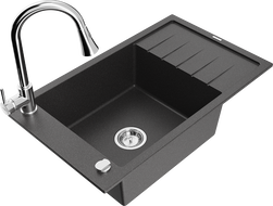 Mexen Elias žulový kuchynský drez 1-komorový s odkvapkávačom a kuchynskou batériou Elia, čierny fľakatý - 6511-76-670101-00