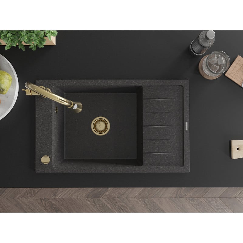 Mexen Elias granitový drez 1-komorový s odkvapkávačom a kuchynskou batériou Elia, čierny škvrnitý - 6511-76-670101-50