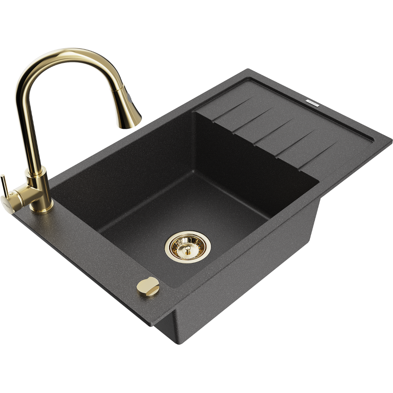 Mexen Elias granitový drez 1-komorový s odkvapkávačom a kuchynskou batériou Elia, čierny škvrnitý - 6511-76-670101-50