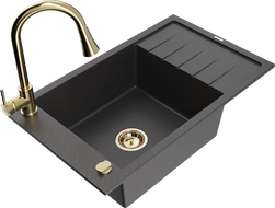Mexen Elias granitový drez 1-komorový s odkvapkávačom a kuchynskou batériou Elia, čierny škvrnitý - 6511-76-670101-50