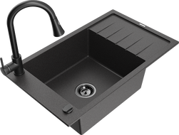 Mexen Elias žulový drez s 1 komorou s odkapávačom a kuchynskou batériou Elia, čierny fľakový - 6511-76-670101-70-B
