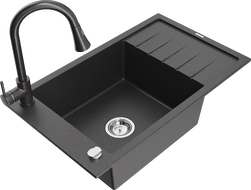 Mexen Elias jednokomorový žulový drez s odkvapkávačom a kuchynskou batériou Elia, čierny s bodkami - 6511-76-670101-76