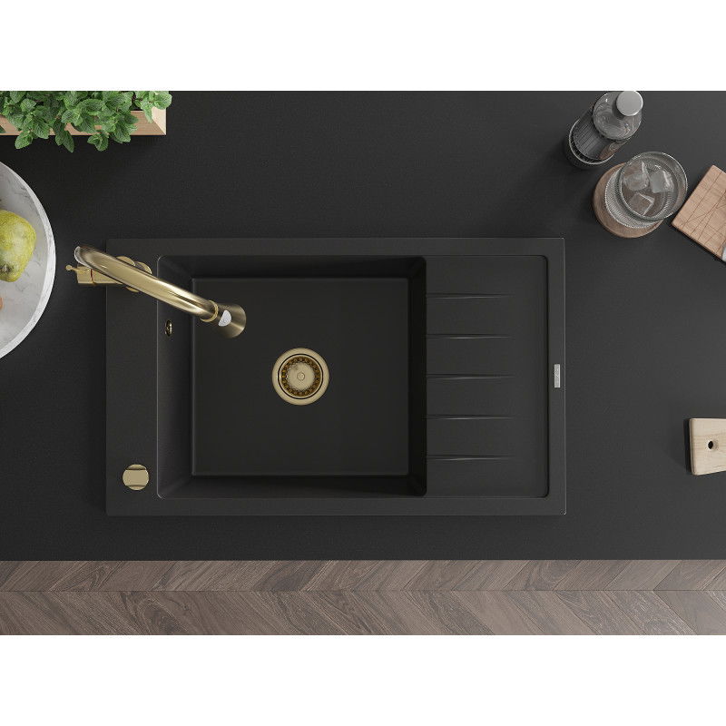Mexen Elias granitový kuchynský drez s 1 komorou s odkvapkávačom a kuchynskou batériou Elia, čierny - 6511-77-670101-50