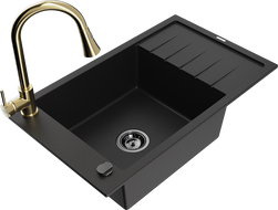 Mexen Elias granitový drez s 1-komorou s odkvapkávacou plochou a kuchynskou batériou Elia, čierny - 6511-77-670101-50-B