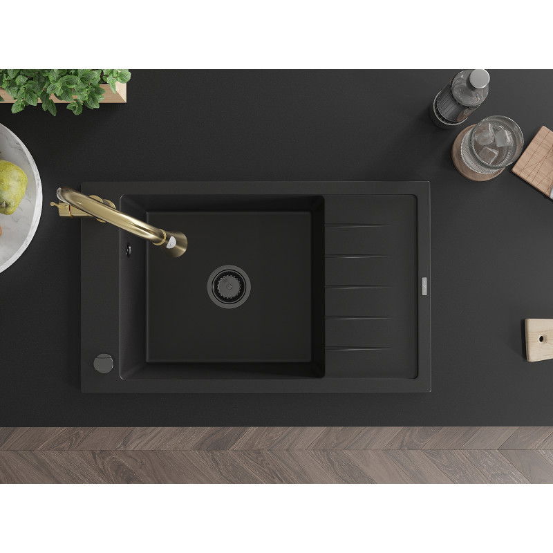 Mexen Elias granitový drez s 1-komorou s odkvapkávacou plochou a kuchynskou batériou Elia, čierny - 6511-77-670101-50-B