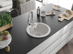 Mexen Diego jednokomorový kamenný drez s kuchynskou batériou Elia, biely - 6512-20-670101-00