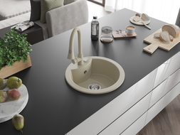 Mexen Diego granitový drez 1-komorový s kuchynskou batériou Elia, béžový - 6512-69-670101-69