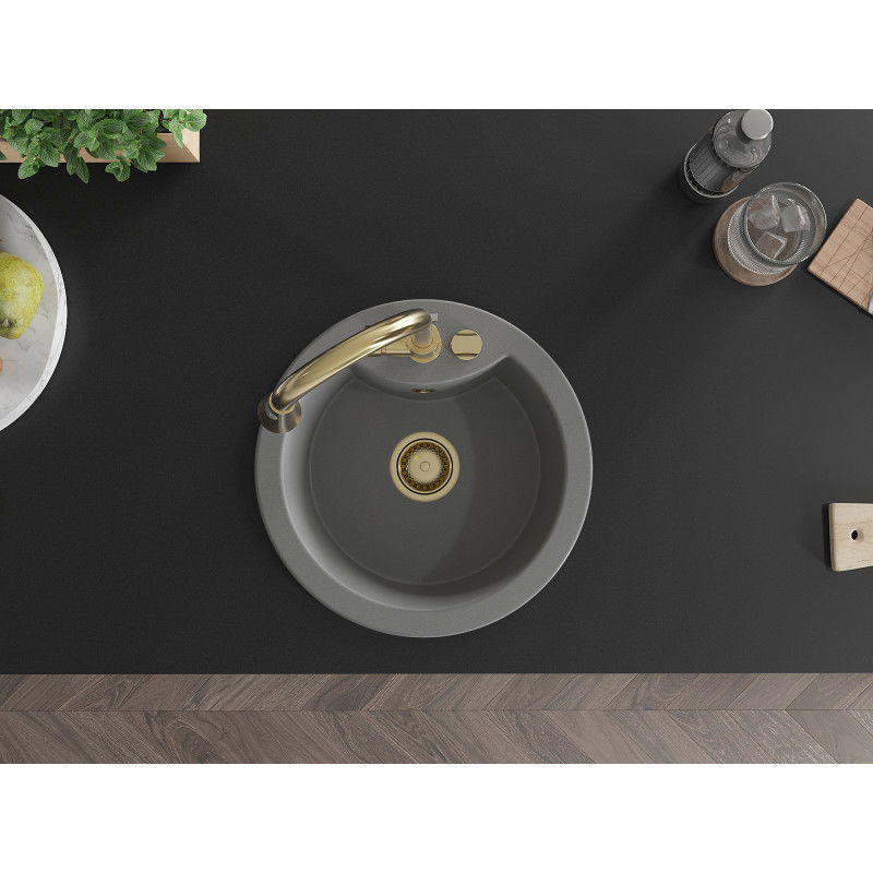 Mexen Diego žulový kuchynský drez s 1 komorou s kuchynskou batériou Elia, sivý - 6512-71-670101-50