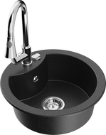 Mexen Diego žulový drez 1-komorový s kuchynskou batériou Elia, čierno/strieborný metalický - 6512-73-670101-00