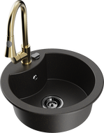 Mexen Diego žulový drez s 1-komorou a kuchynskou batériou Elia, čierny/zlatý metalík - 6512-75-670101-50-B