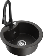 Mexen Diego žulový kuchynský drez s 1 komorou s kuchynskou batériou Elia, čierny/zlatý metalický - 6512-75-670101-70