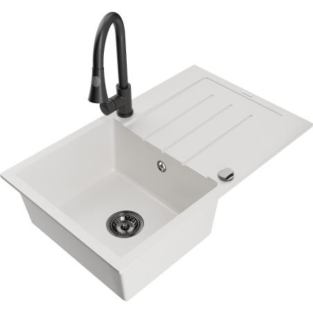 Mexen Bruno jednokomorový žulový drez s odkvapkávačom a kuchynskou batériou Elia, biely - 6513-20-670101-70