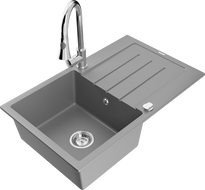 Mexen Bruno granitový kuchynský drez s 1 komorou a odkvapkávacou plochou a kuchynská batéria Elia, sivá - 6513-71-670101-00
