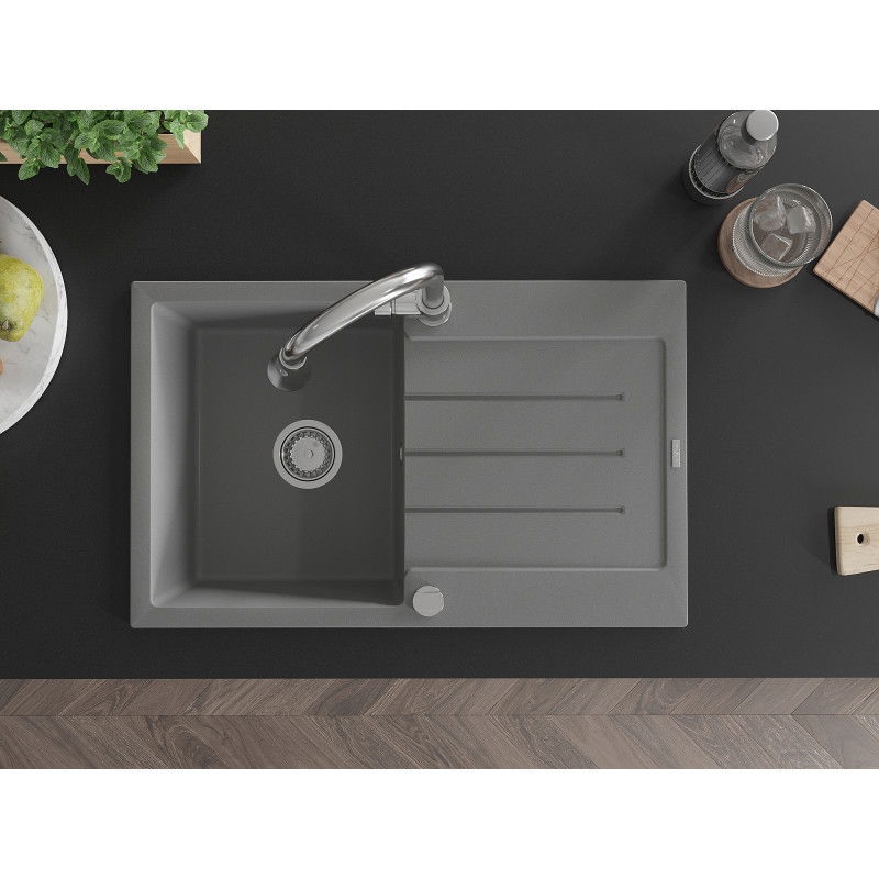Mexen Bruno granitový kuchynský drez s 1 komorou a odkvapkávacou plochou a kuchynská batéria Elia, sivá - 6513-71-670101-00