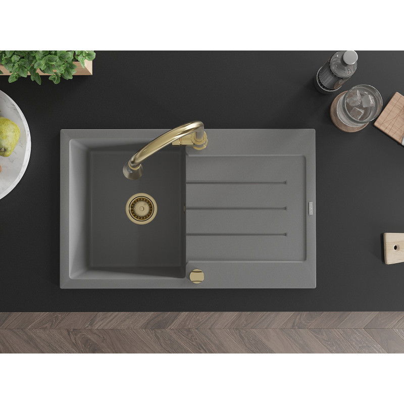 Mexen Bruno granitový drez 1-komorový s odkvapkávačom a kuchynskou batériou Elia, sivý - 6513-71-670101-50