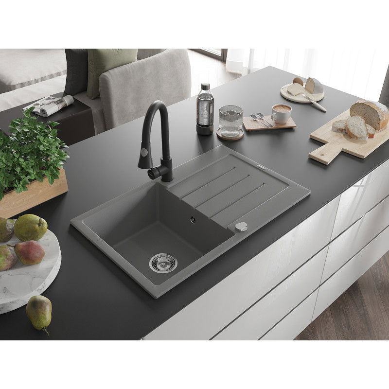 Mexen Bruno žulový kuchynský drez s jednou komorou a odkvapkávačom s kuchynskou batériou Elia, sivý - 6513-71-670101-70