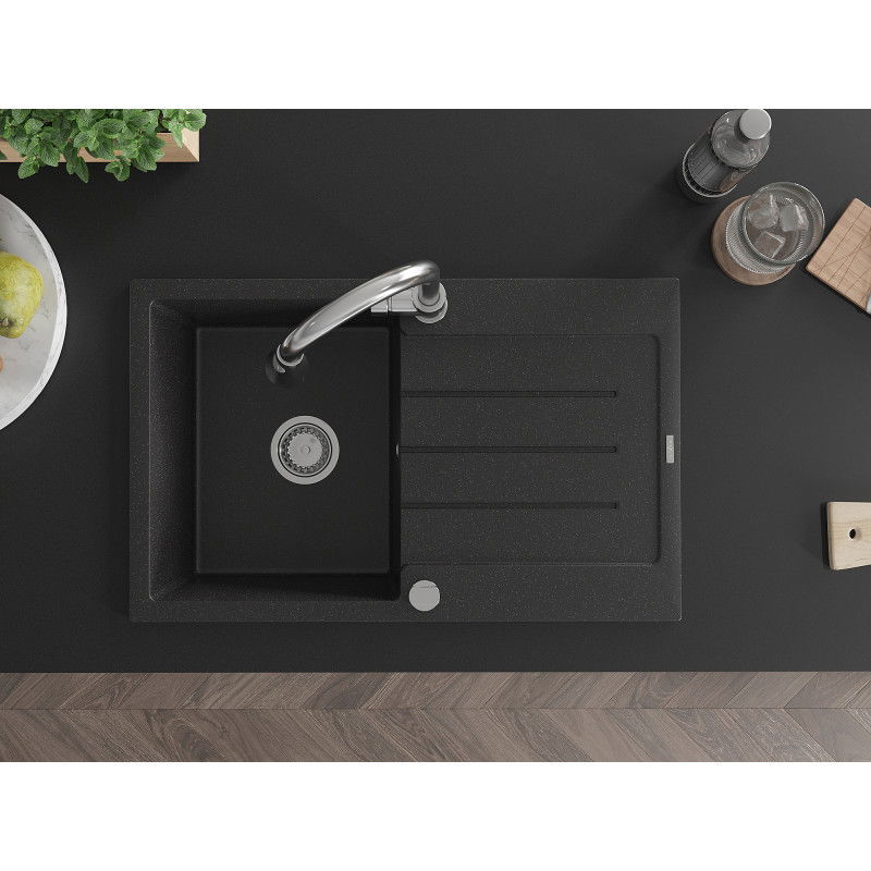 Mexen Bruno žulový drez s odkvapkávačom a kuchynskou batériou Elia, čierny/strieborný metalický - 6513-73-670101-00