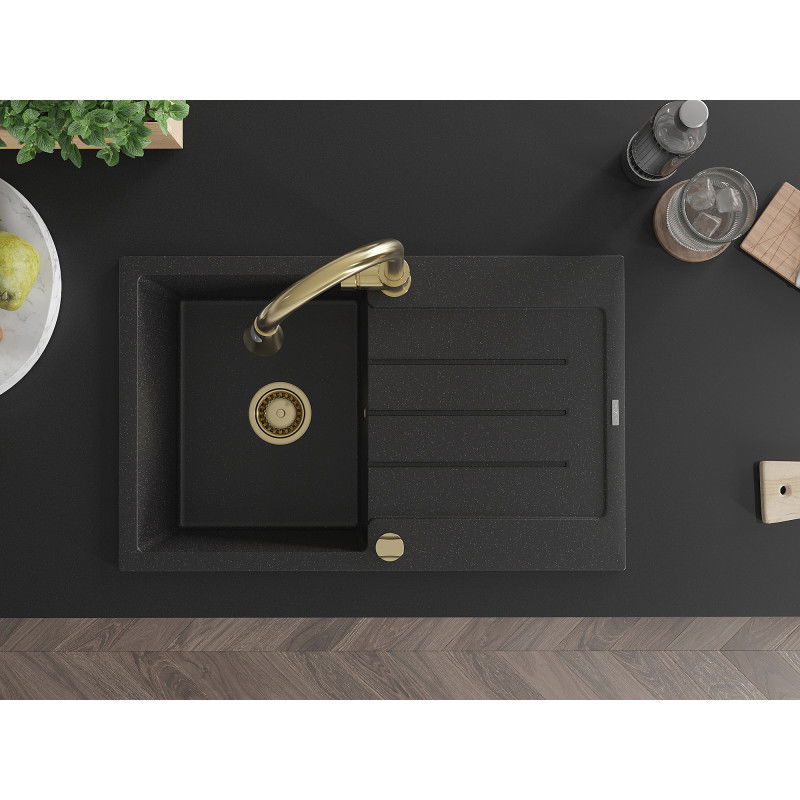 Mexen Bruno žulový drez s 1-komorou a odkvapkávačom a kuchynskou batériou Elia, čierny/strieborný metalik - 6513-73-670101-50