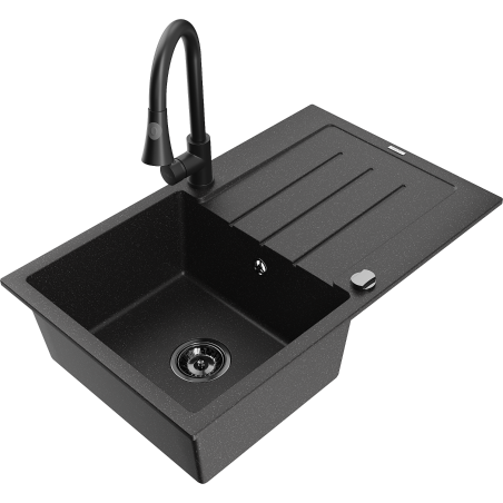 Mexen Bruno granitový drez s 1 komorou s odkvapkávacou plochou a kuchynskou batériou Elia, čierny/strieborný metalický