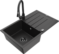 Mexen Bruno granitový drez s 1 komorou s odkvapkávacou plochou a kuchynskou batériou Elia, čierny/strieborný metalický