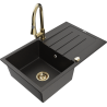 Mexen Bruno granitový drez s 1 komorou s odkapávačem a kuchynskou batériou Elia, čierny/zlatý metalický