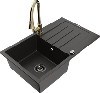 Mexen Bruno jednokomorový žulový drez s odkvapkávačom a kuchynskou batériou Elia, čierny/zlatý metalický - 6513-75-670101-50-B