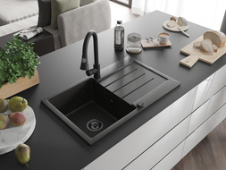 Mexen Bruno granitový drez 1-komorový s odkvapkávačom a kuchynskou batériou Elia, čierno/zlatý metalik - 6513-75-670101-70-B