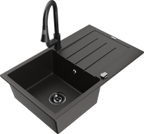 Mexen Bruno granitový drez 1-komorový s odkvapkávačom a kuchynskou batériou Elia, čierno/zlatý metalik - 6513-75-670101-70-B