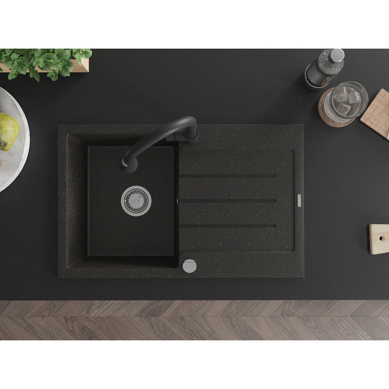 Mexen Bruno Granitový kuchynský drez s 1 komorou a odkapávačom a kuchynskou batériou Elia, čierny/zlatý metalik