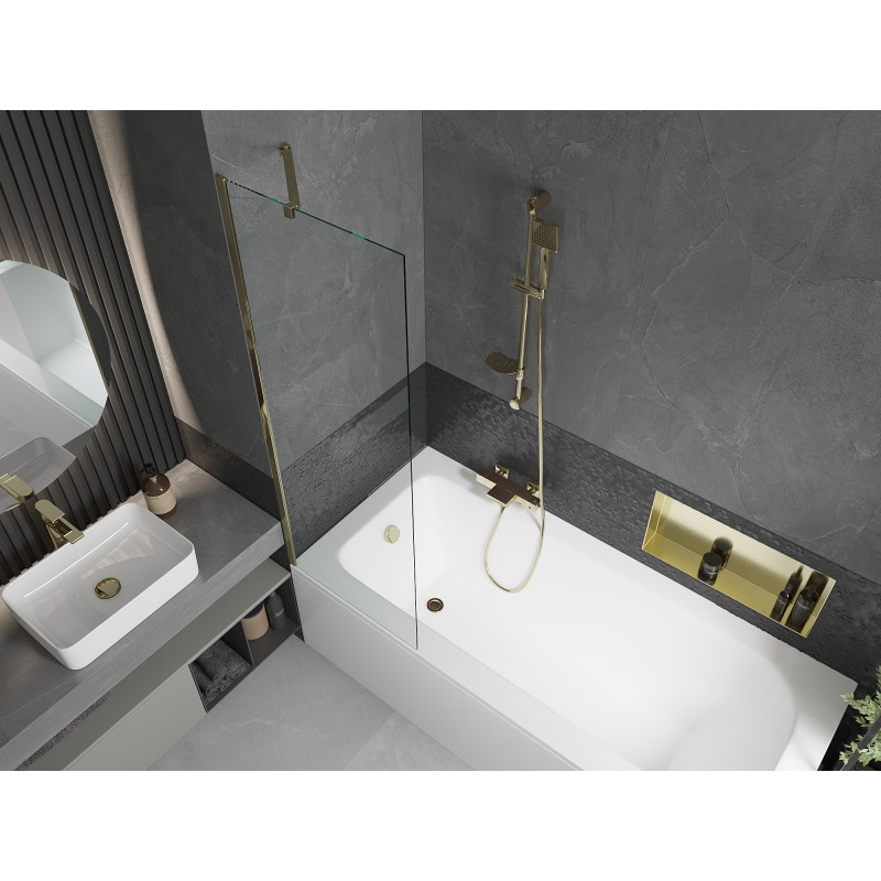 Mexen Vega obdĺžniková vaňa 160 x 70 cm s obkladom a 1-krídlovou zástěnou 60 cm, transparentná, zlatá