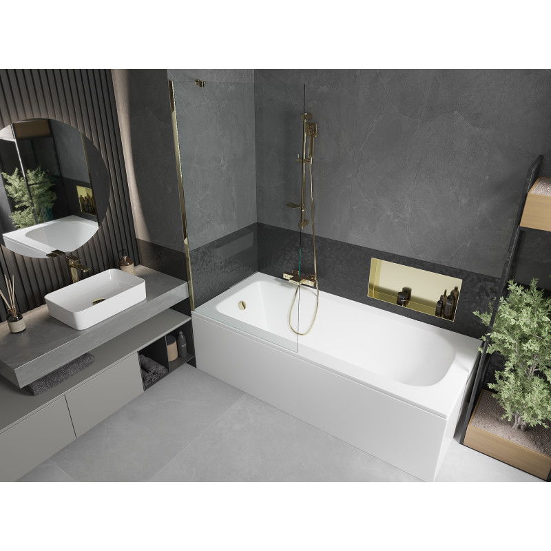 Mexen Vega obdĺžniková vaňa 180 x 80 cm s panelom a jednokrídlovým závesom 90 cm, transparentné, zlaté - 550118080X9509000050