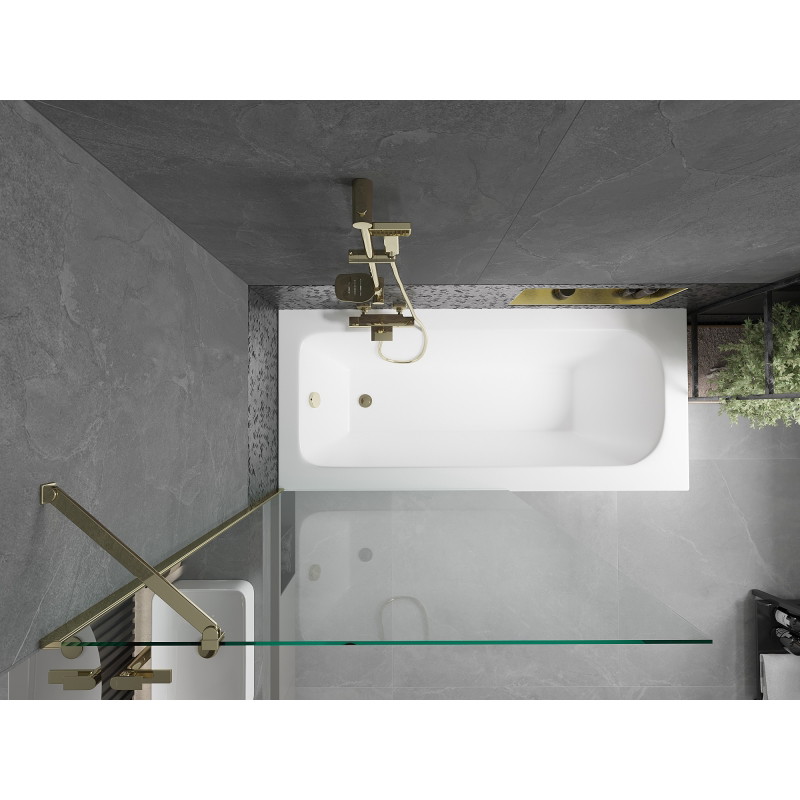 Mexen Vega obdĺžniková vaňa 160 x 70 cm s panelom a jednokrídlovou zástenou 100 cm, transparentná, zlatá