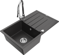 Mexen Bruno žulový drez 1-komorový s odkvapkávačom a kuchynskou batériou Elia, čierny škvrnitý - 6513-76-670101-00