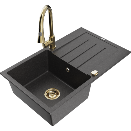 Mexen Bruno granitový drez s jednou komorou, odkvapkávačom a kuchynskou batériou Elia, čierny s bielymi bodkami