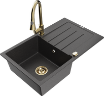 Mexen Bruno granitový drez s jednou komorou, odkvapkávačom a kuchynskou batériou Elia, čierny s bielymi bodkami