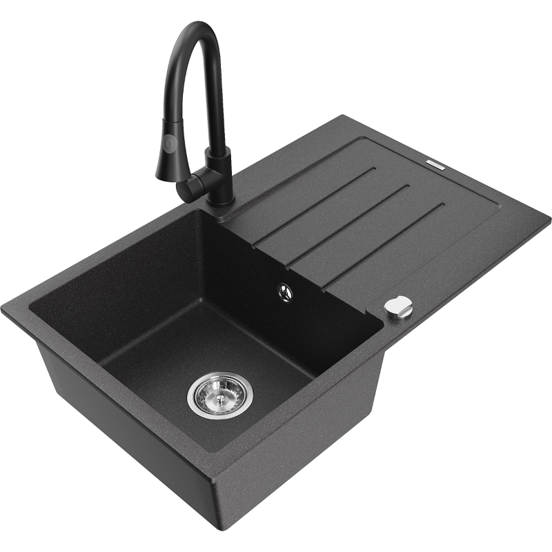 Mexen Bruno žulový kuchynský drez 1-komorový s odkvapkávačom a kuchynskou batériou Elia, čierny bodkovaný - 6513-76-670101-70
