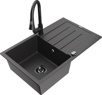 Mexen Bruno žulový kuchynský drez 1-komorový s odkvapkávačom a kuchynskou batériou Elia, čierny fľakatý - 6513-76-670101-70-B