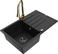 Mexen Bruno žulový drez 1-komorový s odkvapkávačom a kuchynskou batériou Elia, čierny - 6513-77-670101-50-B