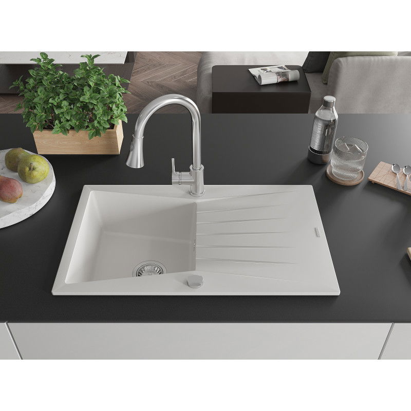 Mexen Cesar žulový kuchynský drez s 1 komorou a odkvapkávačom a kuchynskou batériou Elia, biely - 6514-20-670101-00