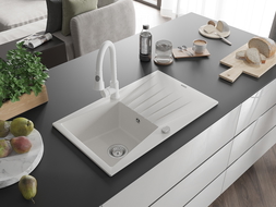 Mexen Cesar granitový drez 1-komorový s odkvapkávačom a kuchynskou batériou Elia, biely - 6514-20-670101-20