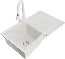 Mexen Cesar granitový drez 1-komorový s odkvapkávačom a kuchynskou batériou Elia, biely - 6514-20-670101-20