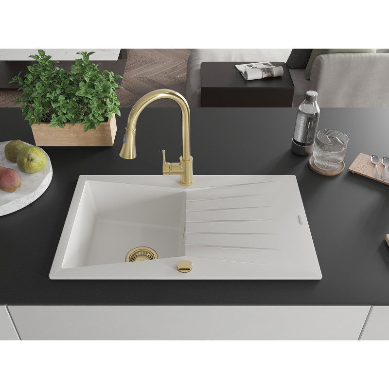 Mexen Cesar žulový drez 1-komorový s odkvapkávačom a kuchynskou batériou Elia, biely - 6514-20-670101-50